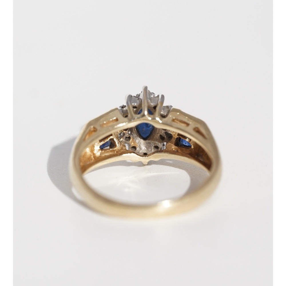 Vintage 14k Solid Yellow Gold Natural Blue‎ Sapphire & Diamond Ring Size 4 Halo - Picture 7 of 10